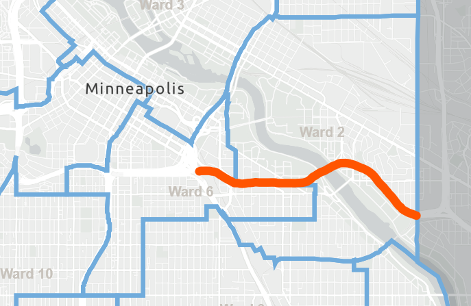Map of East Minneapolis City Council Wards. I-94 corridor, marked in orange, goes through the east part of Ward 6 and the bottom third of Ward 2.