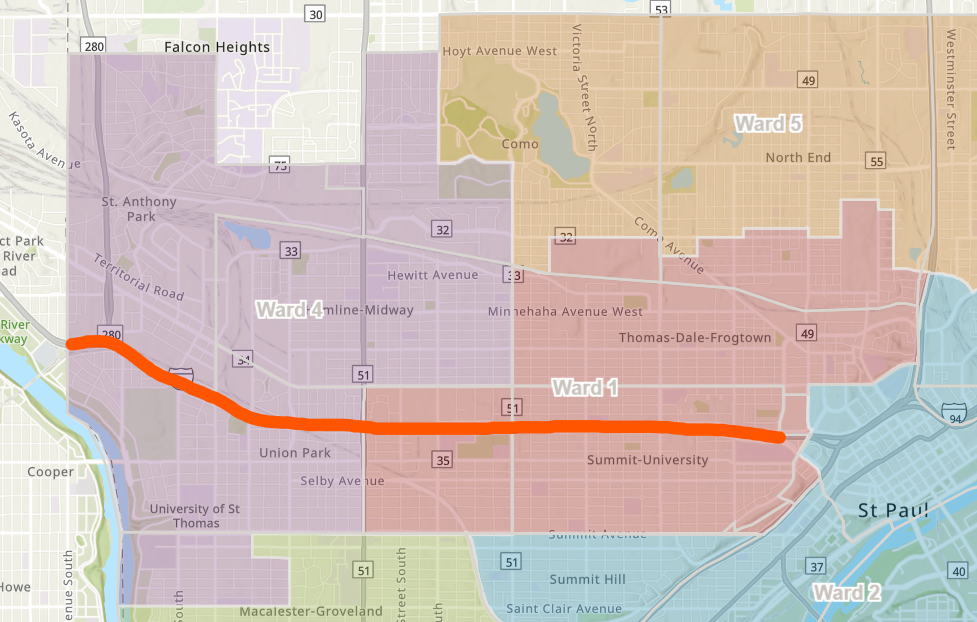 Map of St Paul City Council Wards. I-94 corridor, marked in orange, goes through the bottom halves of Ward 4 and Ward 1.