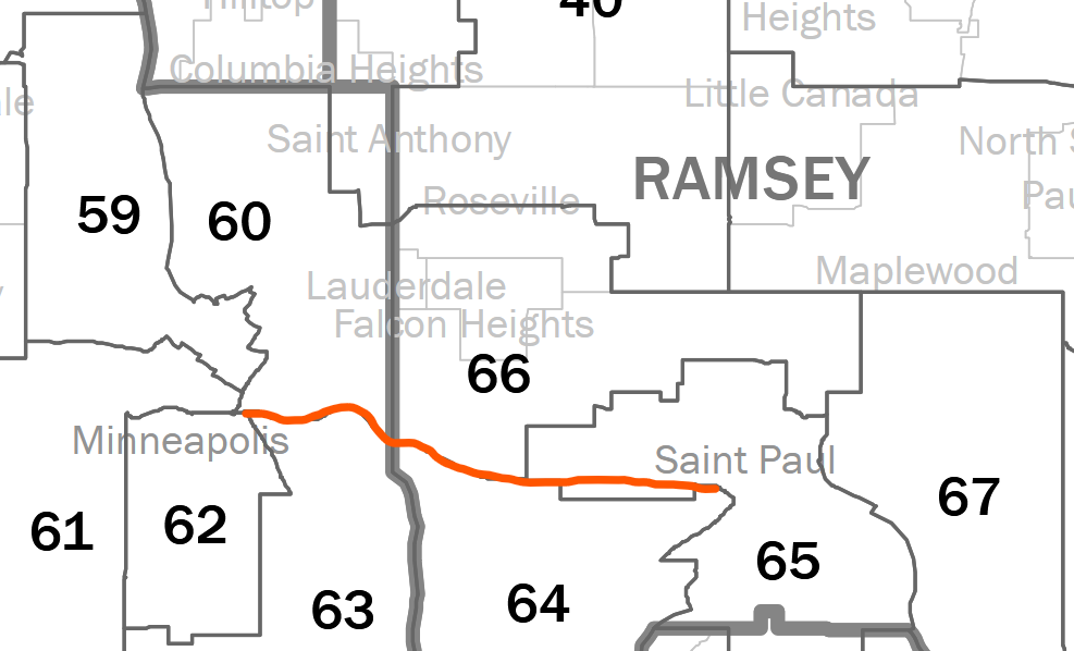 Map of Minnesota State Senate Districts. I-94 corridor, marked in orange, runs along the southern border of districts 60 and 66, and crosses the top left corner of 65.