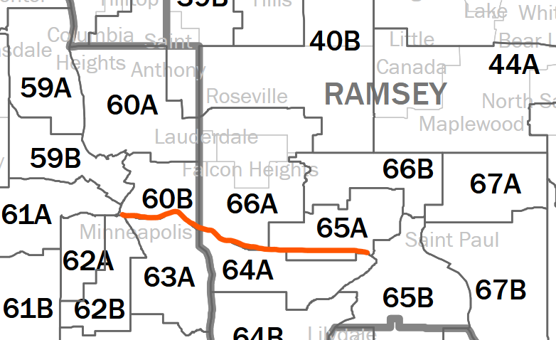 Map of Minnesota State House Districts. I-94 corridor, marked in orange, runs along the southern border of districts 60B and 66A, and crosses the bottom of 65A.
