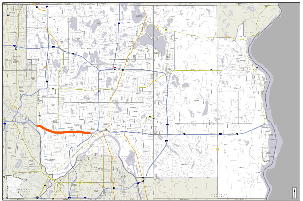 Map of the Minnesota 4th Congressional District, with the Rethinking I-94 Corridor in orange (in the southwest part of the map).