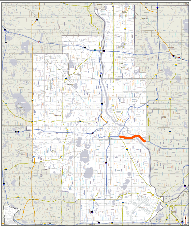 Map of the Minnesota 5th Congressional District, with the Rethinking I-94 Corridor in orange (in the mid-eastern part of the map).