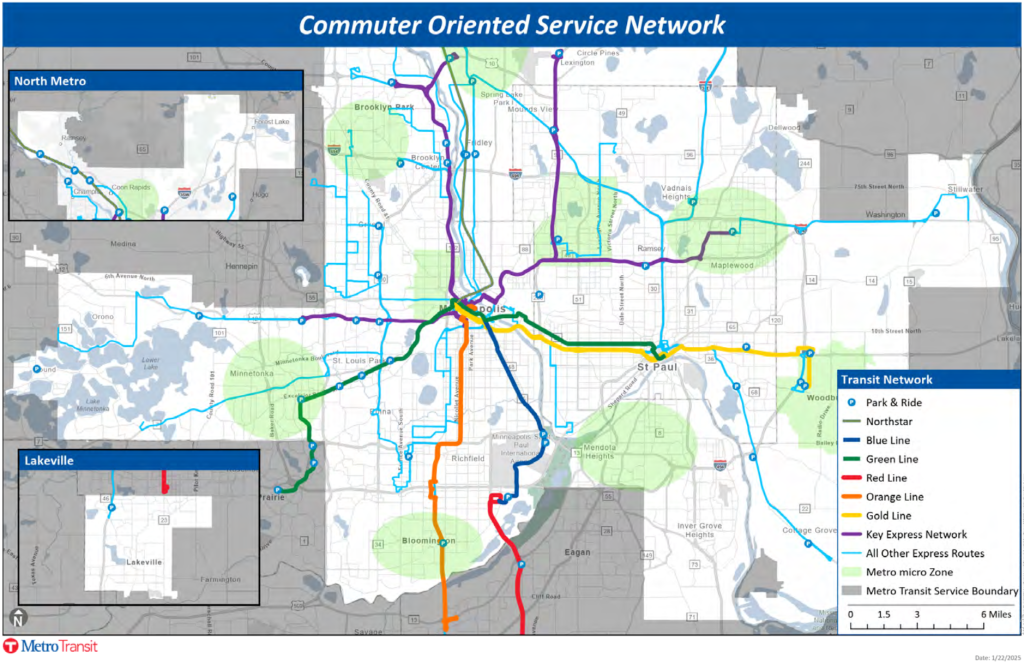 Metro Transit's commuter oriented service network. All colored transit lines shown, plus Green and Gold line extensions and the Northstar. Express routes are in light blue, and the Key Express Network is in purple