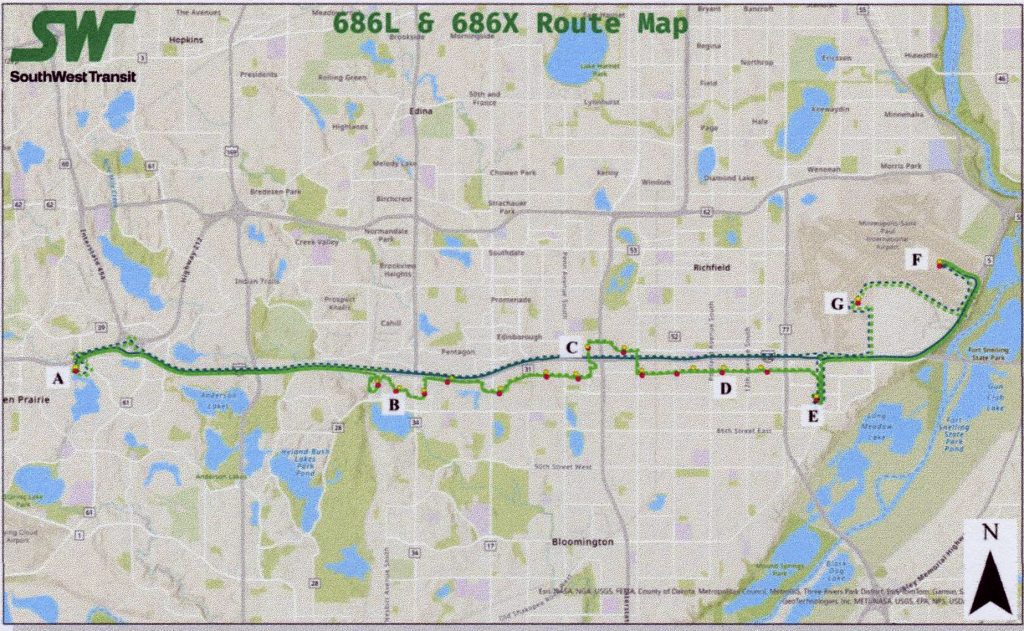 Route map for SouthWest Transit’s 686L and 686X, showing local and express service between Eden Prairie Station (point A) and the Mall of America and MSP Airport (points F and G). The route runs east-west across the Twin Cities’ southern suburbs with labeled stops at key intersections.