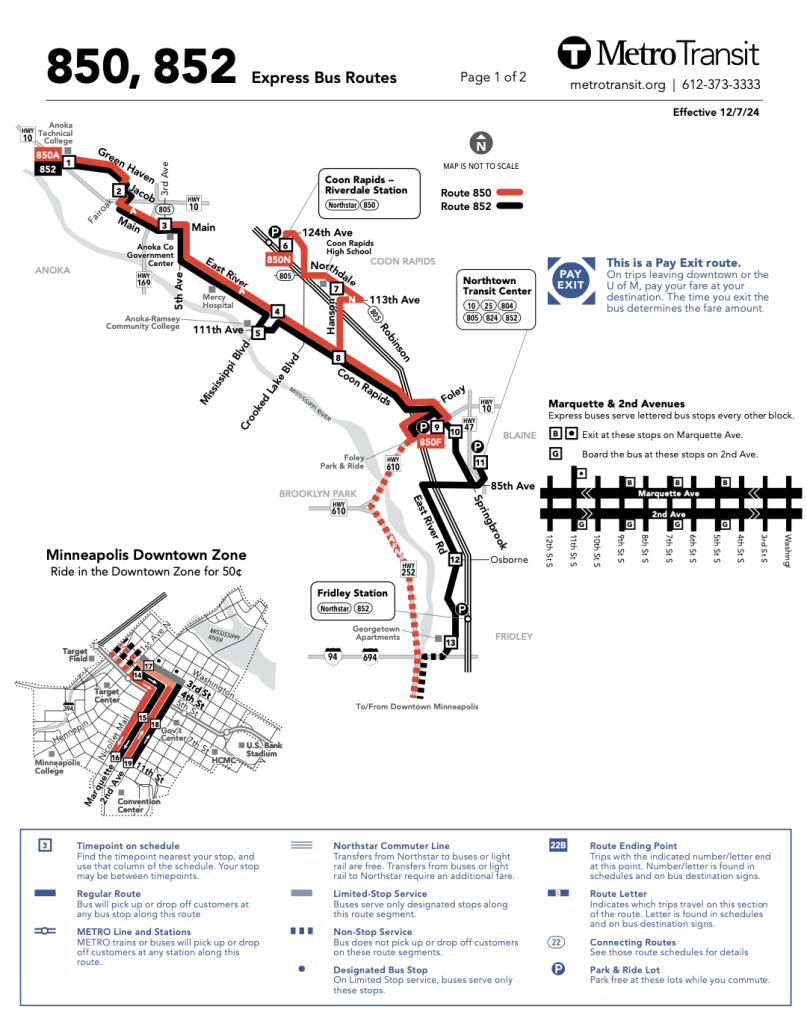 Metro Transit map showing express bus routes 850 and 852 with labeled stops, park & ride lots and a detailed inset of the Minneapolis Downtown Zone.
