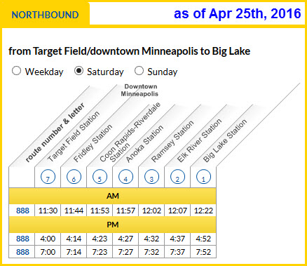 The old Northbound weekend schedule for the Northstar, with trains leaving Minneapolis at 11:30 AM, 4:00 and 7:00 PM
