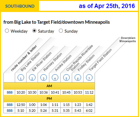 The old southbound weekend schedule for the Northstar, with trains leaving Big Lake at 10:20 AM, 12:50 and 5:10 PM