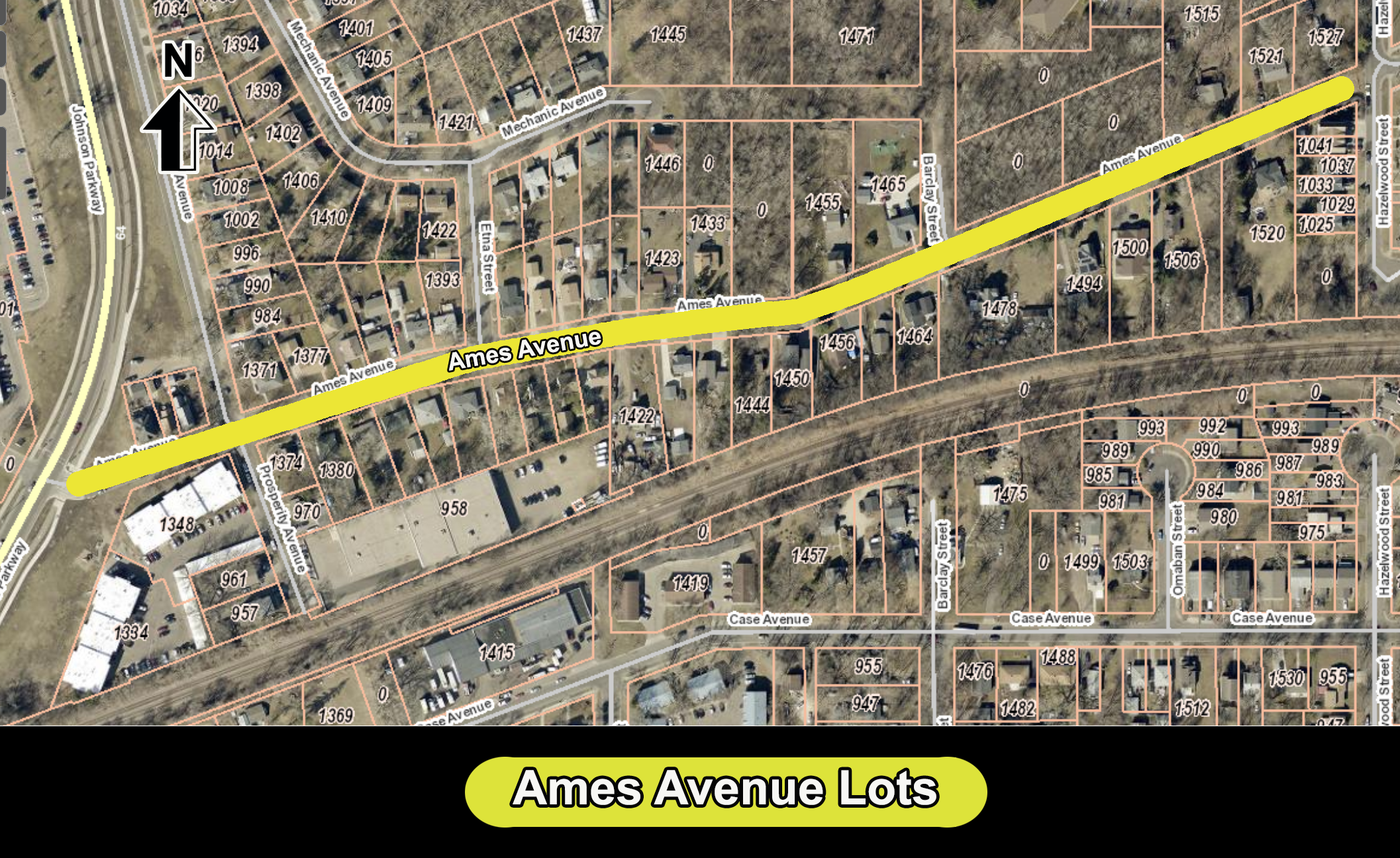 Aerial view of oddly sized and shaped lots on Ames Ave.