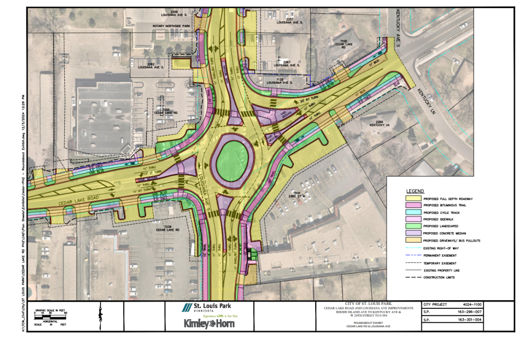 Overhead view of proposed roundabout at Cedar Lake Road and Louisiana Avenue. Multiple smooth cornered car lanes enter and exit the roundabout while sidewalks and cycle tracks make sharp turns and must cross wide car lanes. 
