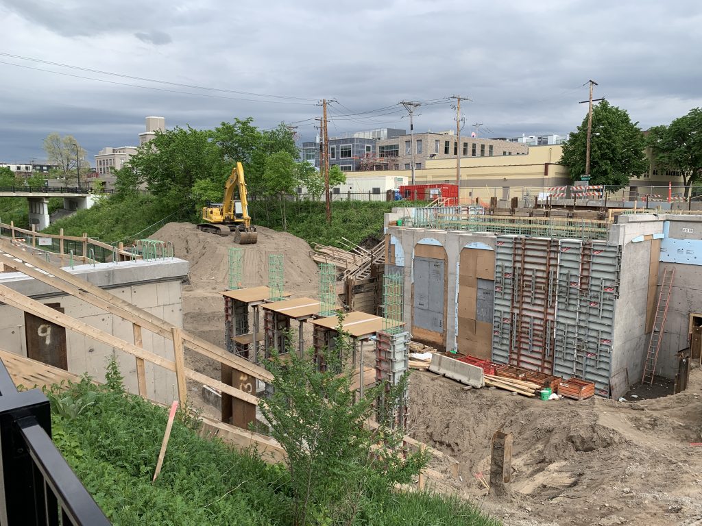May 2020 photo of the new Fremont Avenue S bridge with the center pier concrete forms partially completed.