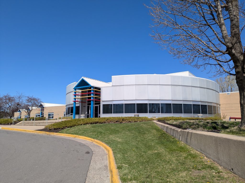 postmodern single-story building with primary colored accents