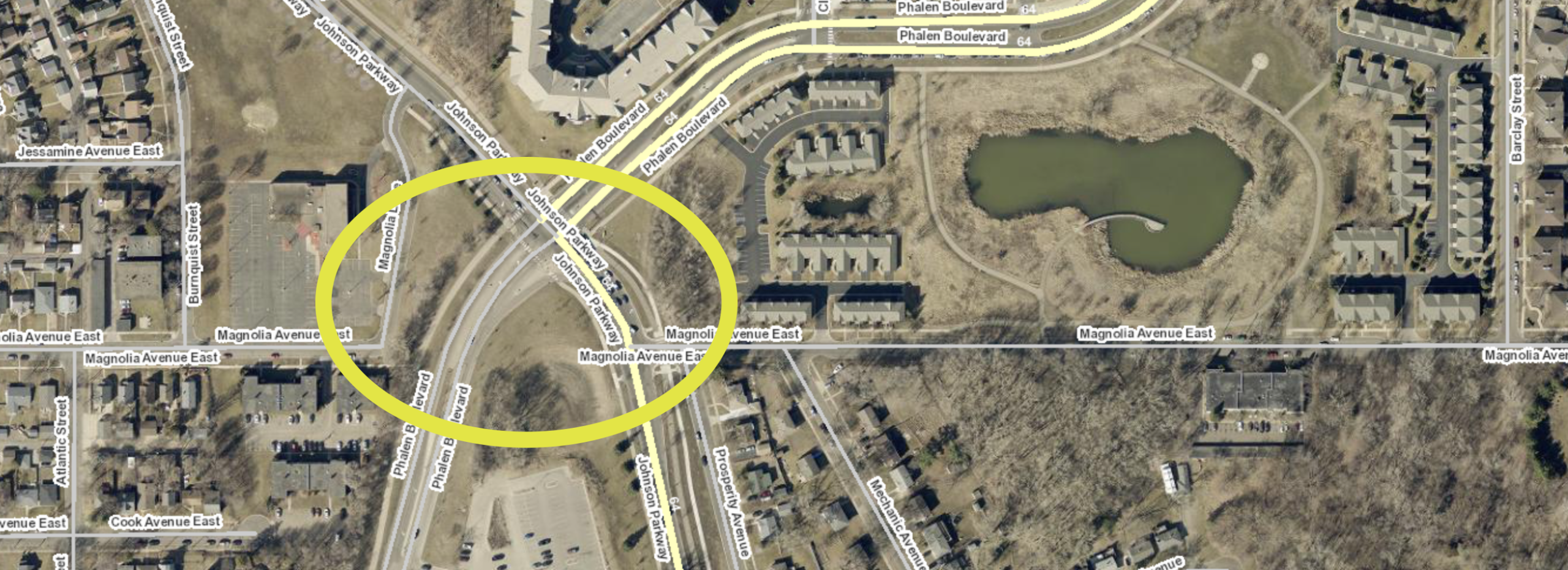 Aerial image of Johnson Pkwy and Phalen Cooridor crossing.