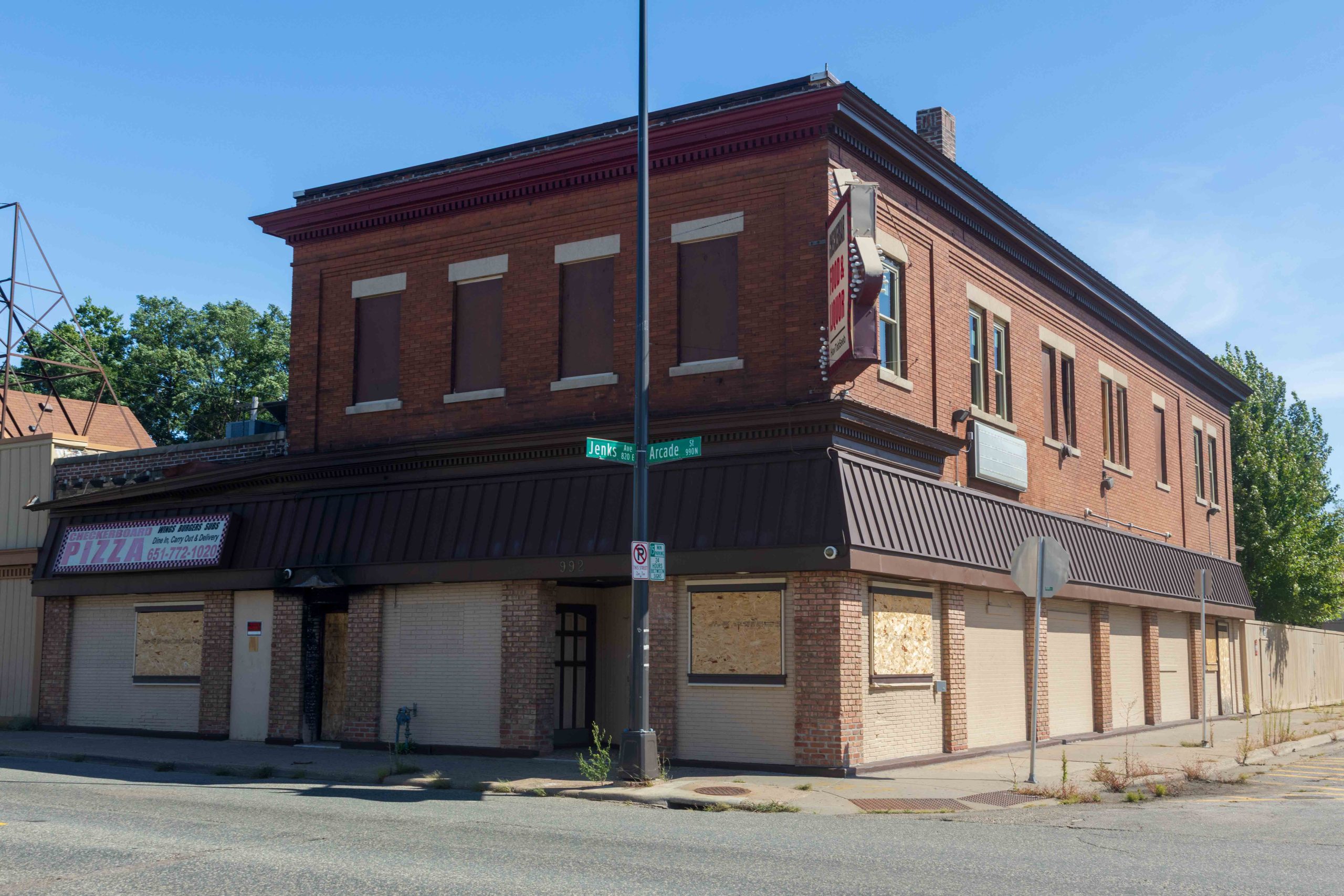 Checkerboard Pizza/Checkerbar building, 992 Arcade, remained boarded up after an August 9, 2023 fire.