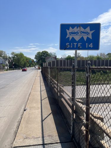 A sidewalk on a freeway bridge in south Minneapolis.