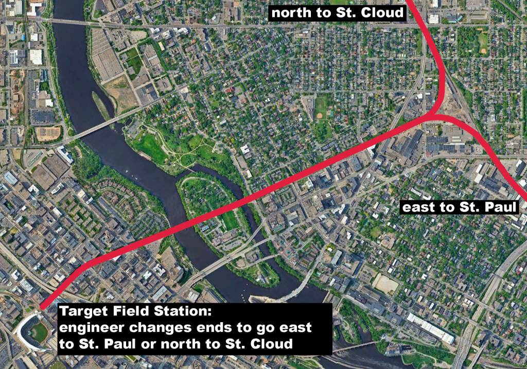 A satellite map with a red line showing a potential Northstar rail route connecting Target Field Station in Minneapolis to both St. Paul and St. Cloud, with directional labels and a note indicating the train must reverse direction at Target Field.