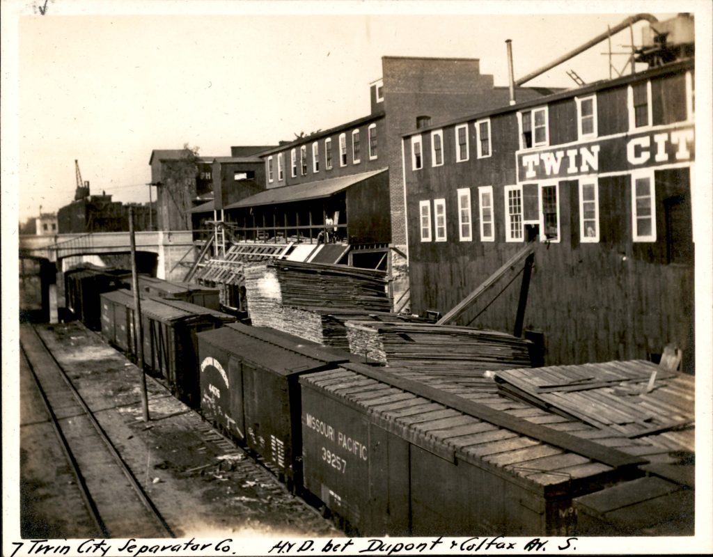 Twin City Separator Company buildings with basement connections to load/unload from railcars in a side track.