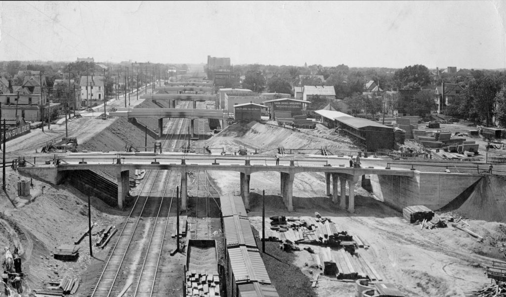 Looking west from 4th Ave showing the widening land for the future switch yard. The bridge in the foreground is six spans instead of the normal three.