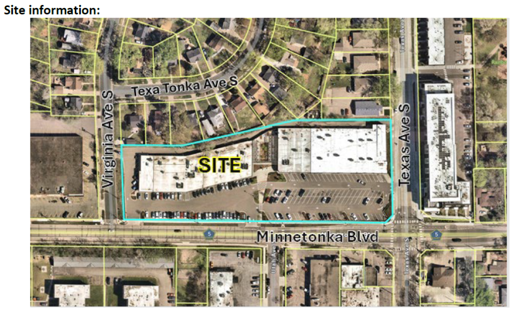 Site map for zoning variance showing an overhead view of a strip mall (Texa-Tonka).
