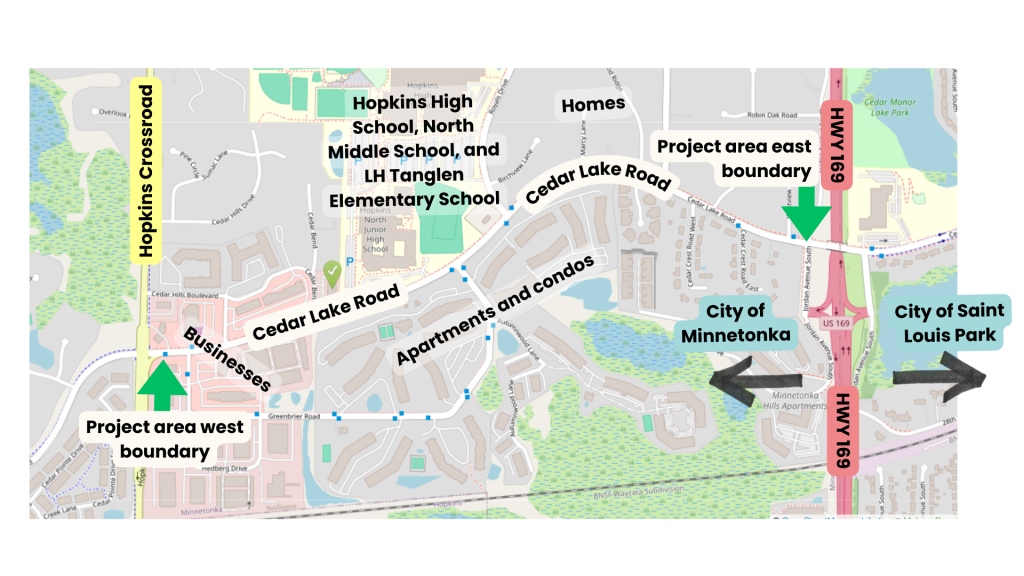 Map of Cedar Lake Road project area in the city of Minnetonka. Labels show where businesses, apartments, condos, homes, and the Hopkins Public Schools are located.