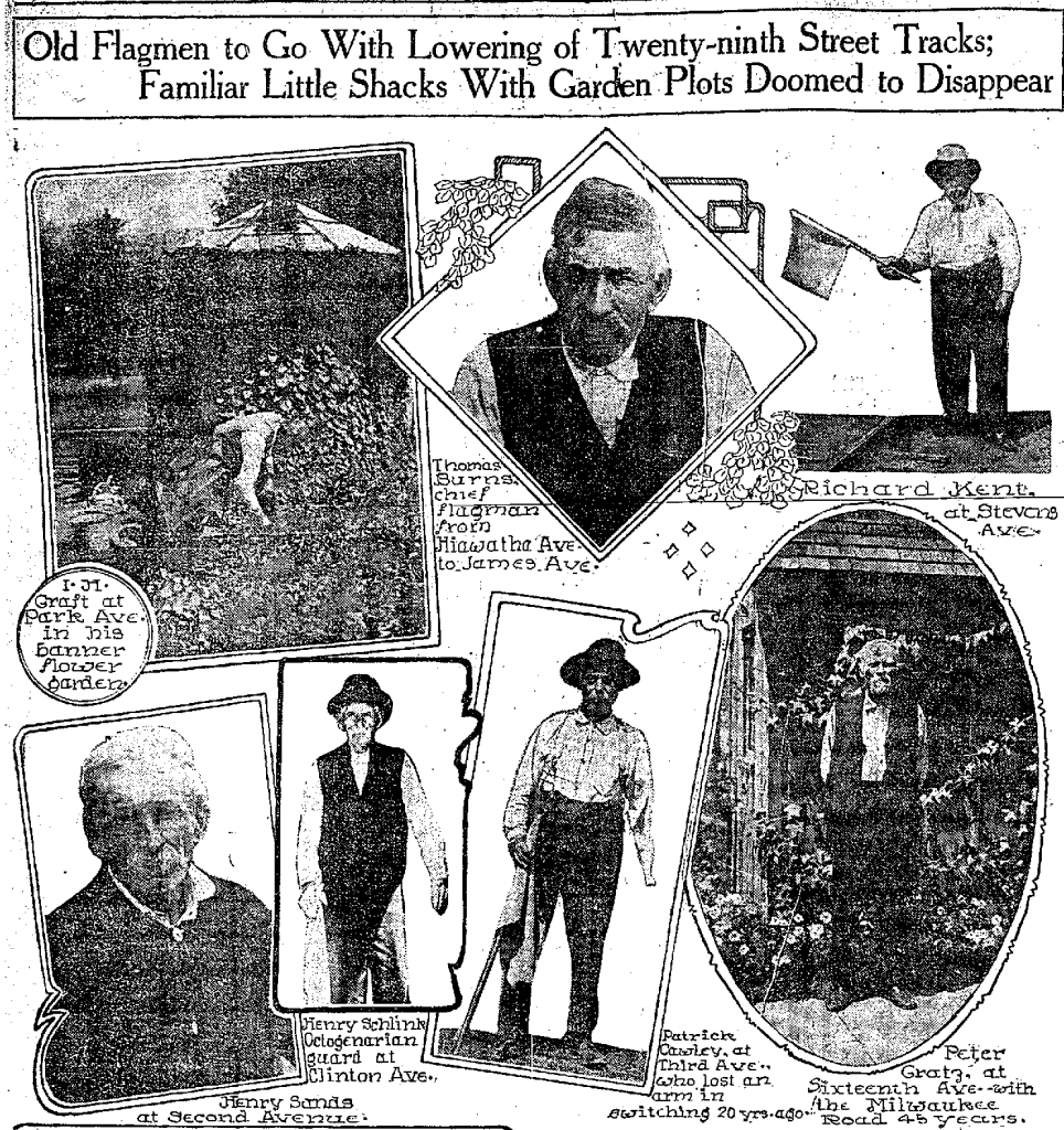 The Minneapolis Tribune article with the headline 'Old Flagmen to Go With Lowering of Twenty-ninth Street Tracks; Familiar Little Shacks With Garden Plots Doomed to Disappear.' Below are several photos of flagmen and their gardens.