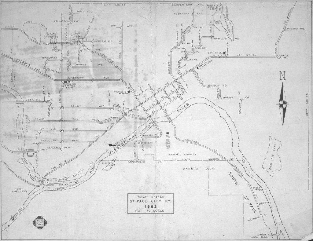 A map of the streetcar system in St. Paul in 1952, showing the lines following the now decades-old business zoning corridors.