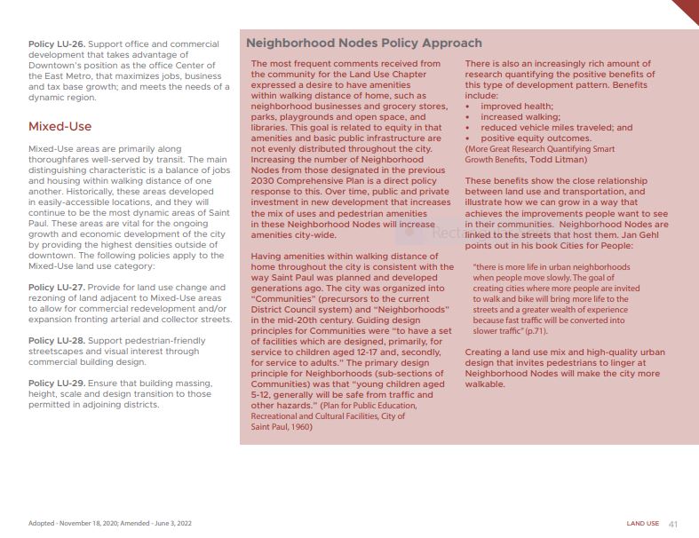 Excerpts from the 2040 Comprehensive Plan discussing the benefits of mixed-use zoning and a strategy to cultivate “Neighborhood Nodes” throughout Saint Paul.