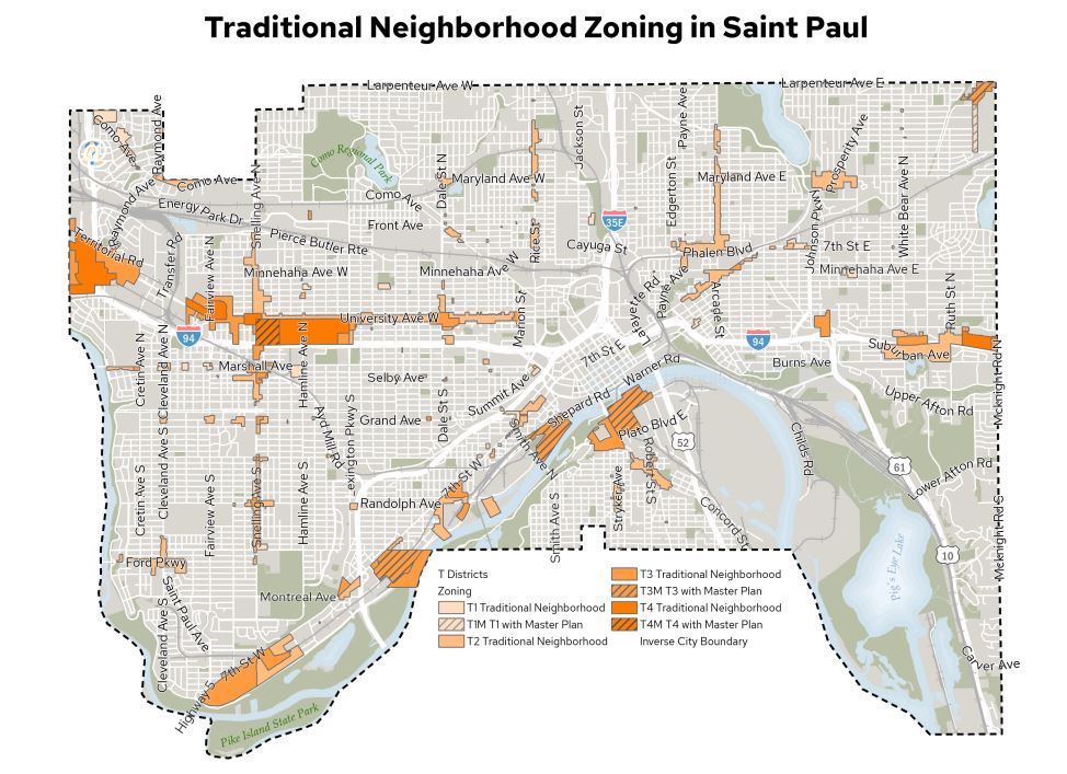 A recent map of all the parcels in Saint Paul that are part of a Traditional Neighborhood zoning district, showing those districts in orange.