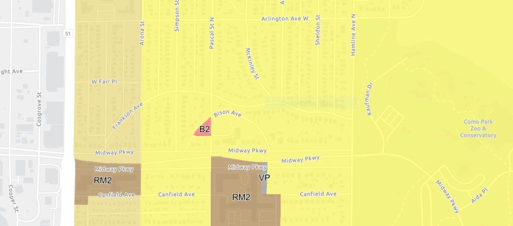 A screenshot of the St. Paul Zoning Map. A part of the Minnesota State Fairgrounds is on the left, and the thick white vertical line is Snelling Avenue. 
