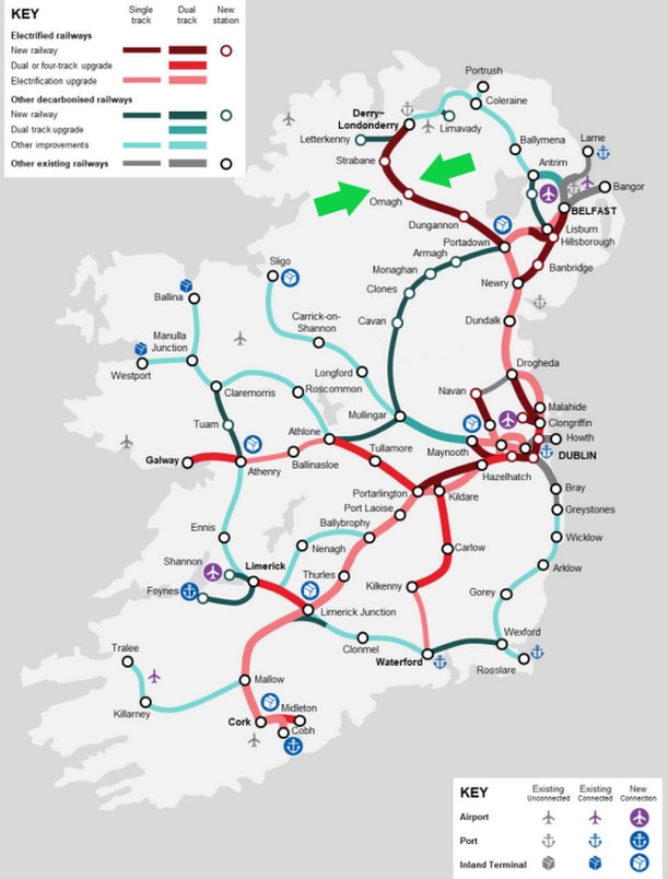 A map of railways in Ireland and Northern Ireland included in the plan, showing current conditions and planned improvements.