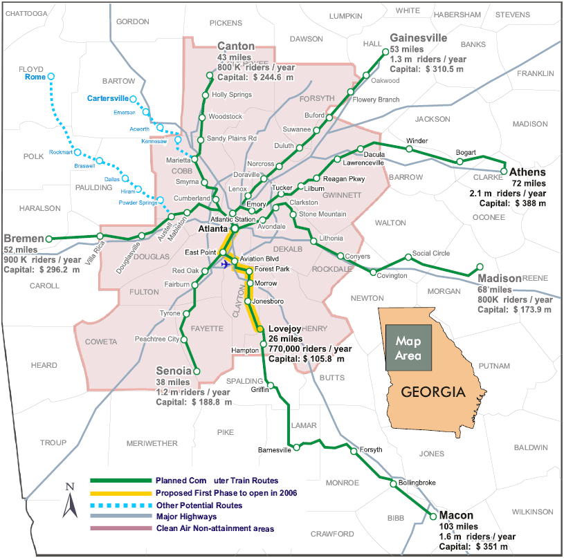 A map of the Atlanta metropolitan area with proposed passenger rail lines overlayed. 