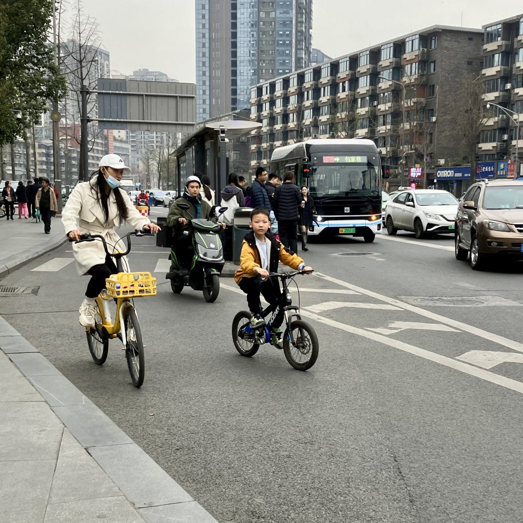 A floating bus stop, bordered by car and bus lanes on one side, and bike lanes on the other