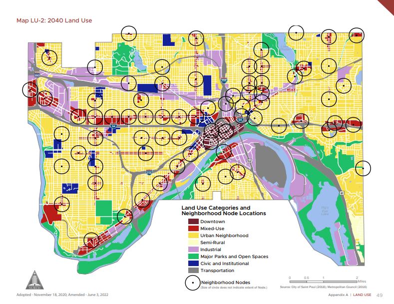 A map of the locations identified as Neighborhood Nodes in the St. Paul 2040 Comprehensive Plan, showing the nodes as circles around key intersections.