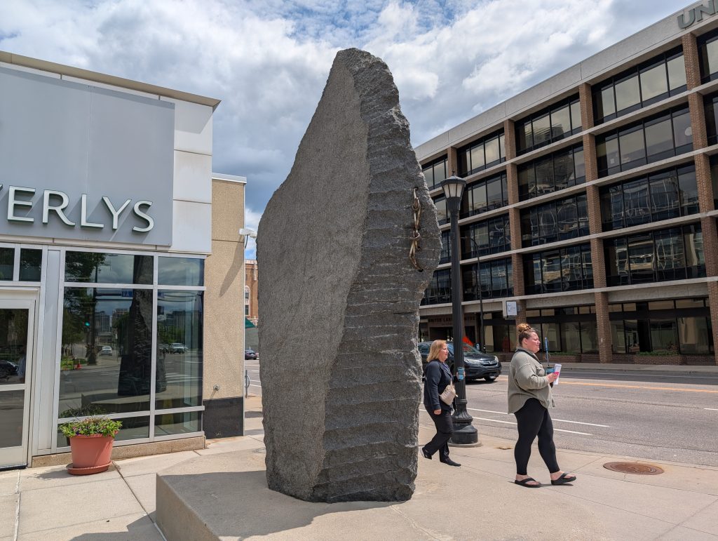 Stone and steel sculpture.