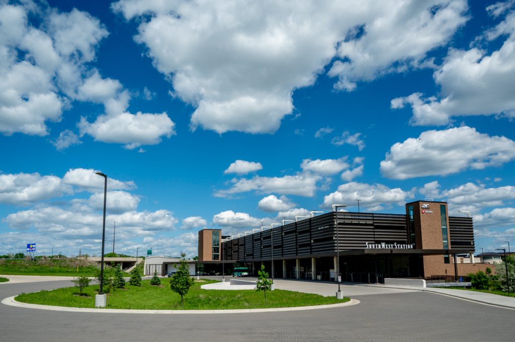 SouthWest Station in Eden Prairie under cloudy and blue skies. 