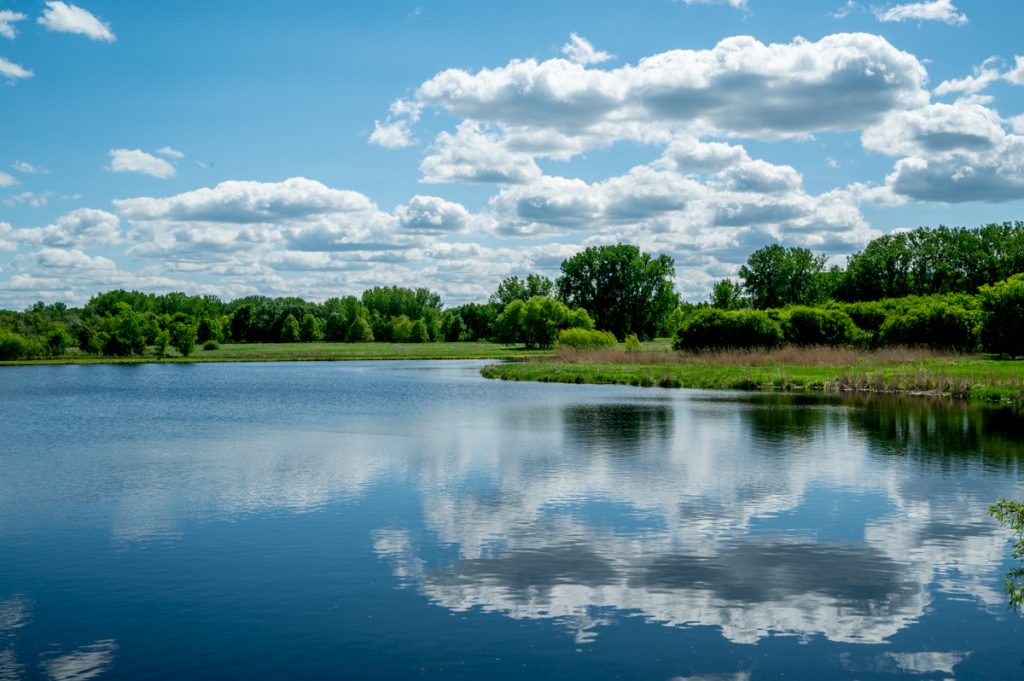 A lake under cloudy blue skies at SouthWest Station