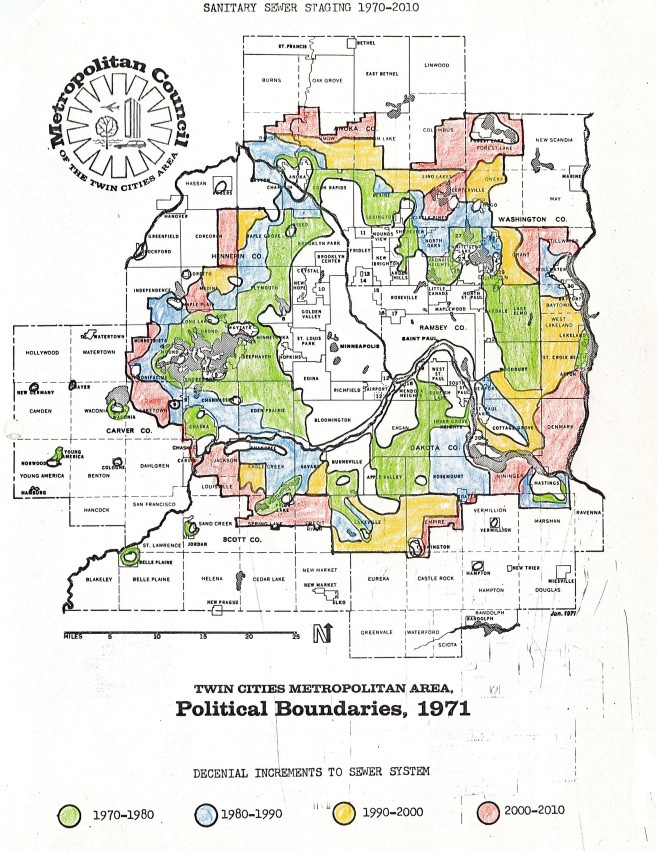 Map of the Twin Cities Metropolitan Area showing political boundaries from 1971 and the staged expansion of the sanitary sewer system from 1970 to 2010.