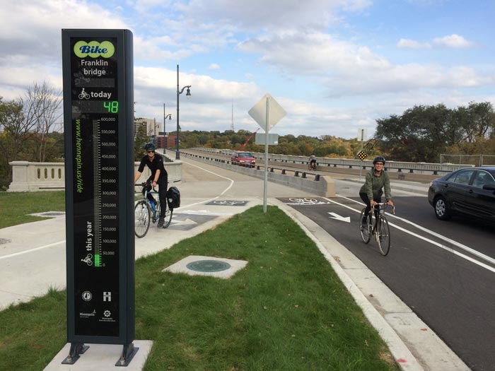 A bike counter on the Franklin Avenue Bridge in Minneapolis  Image Source MnDOT