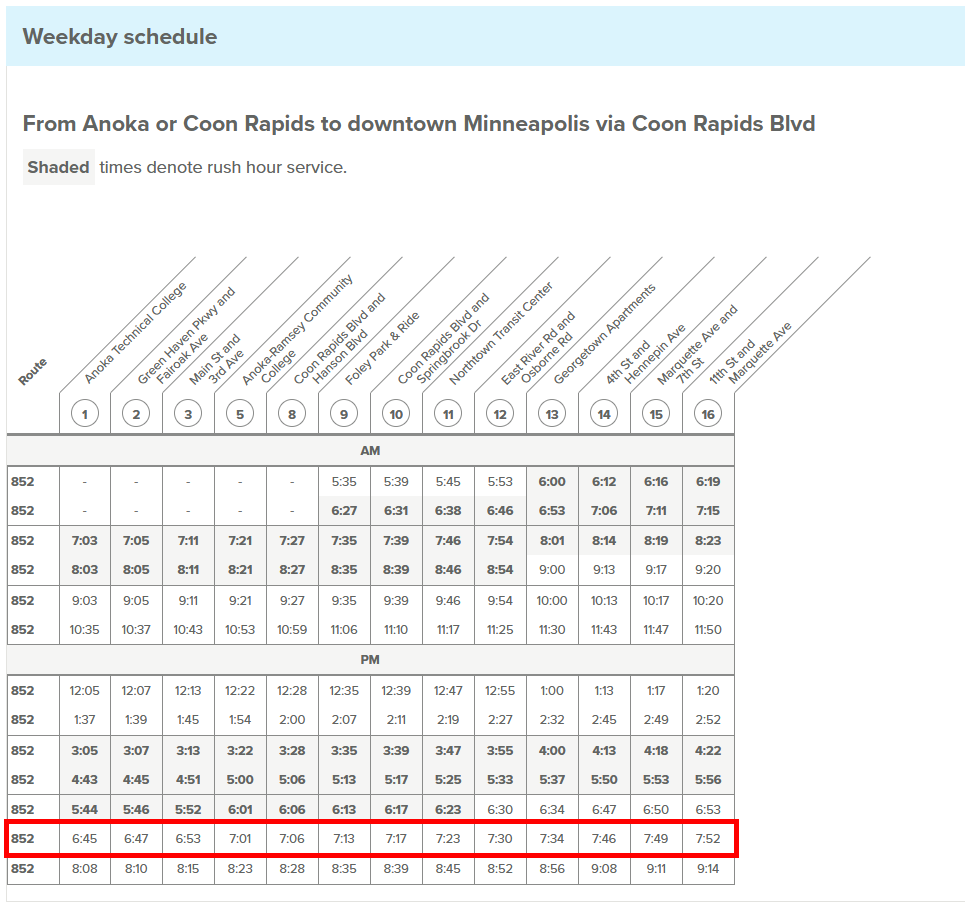 The summer 2023 weekday schedule for southbound Route 852 departures with the 6:45pm bus outlined in red.
