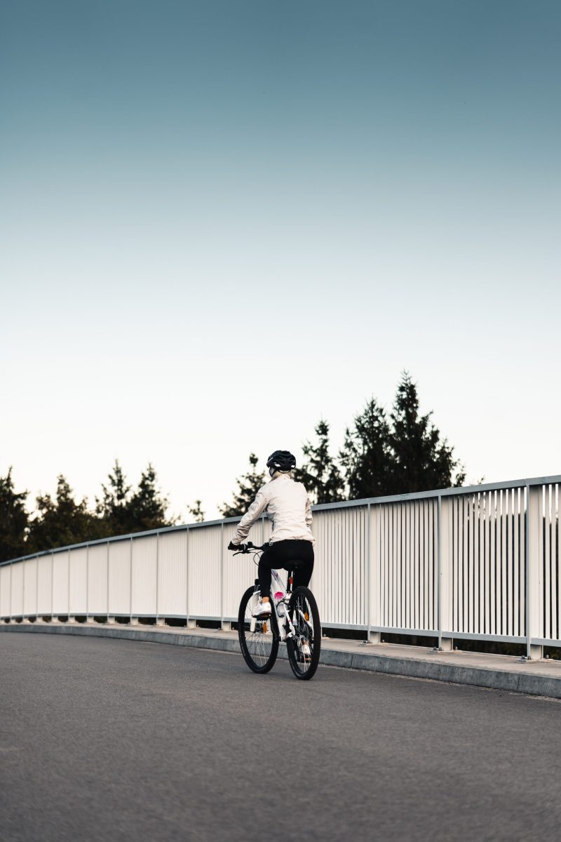 A woman riding a bike across a bridge, facing away from the camera.