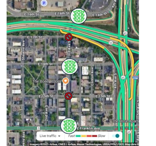 Satellite image of the Stevens Square neighborhood, with icons added to indicate the types of intersection control along Third Avenue.