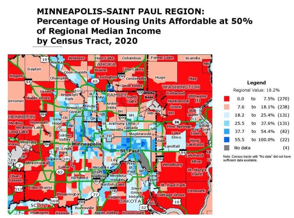 Map displaying percentage of housing units affordable at 50% AMI by Census Tract in 2020 in the Twin Cities. Minneapolis and St. Paul contain a larger percentage of affordable units than suburbs.