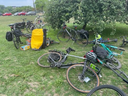 Bikes lie on the park with a few standing in the background at a Minneapolis park.