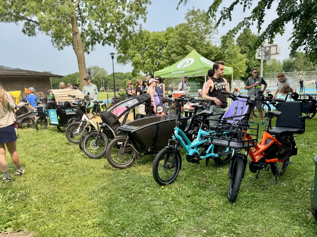 A variety of cargo bikes with different accessories are lined up on the grass as people browse and chat.