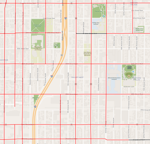 Map of a portion of South Minneapolis, with many avenues and streets highlighted in red.