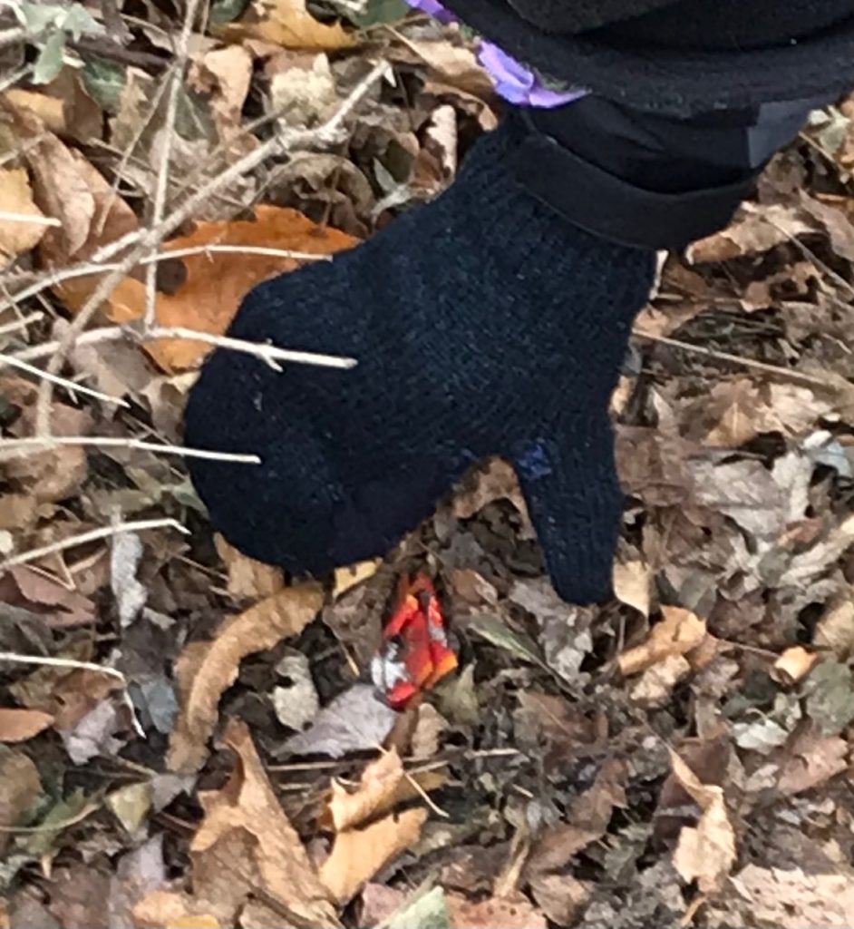 Left picture: a gloved hand reaching for litter. Middle picture: gloved hands holding litter. Right picture: gloved hands putting litter in a trash bag.