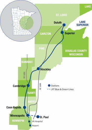 Map of the proposed NLX rail route, starting in St. Paul, Minnesota, and with potential station stops (depicted by solid dots) in Cambridge, Hinckley, Sandstone, and Superior (Wisconsin), before finally terminating in Duluth, Minnesota. There is a potential layover facility in Sandstone. The map also shows the LRT Blue and Green Lines in the Twin Cities between MSP, Minneapolis and St. Paul.