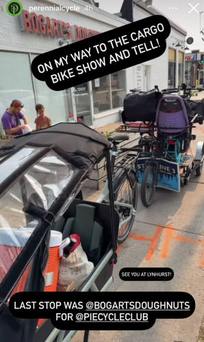 The owner of Perennial Cycle hauled three cargo bikes to the event in a line, like rail cars.