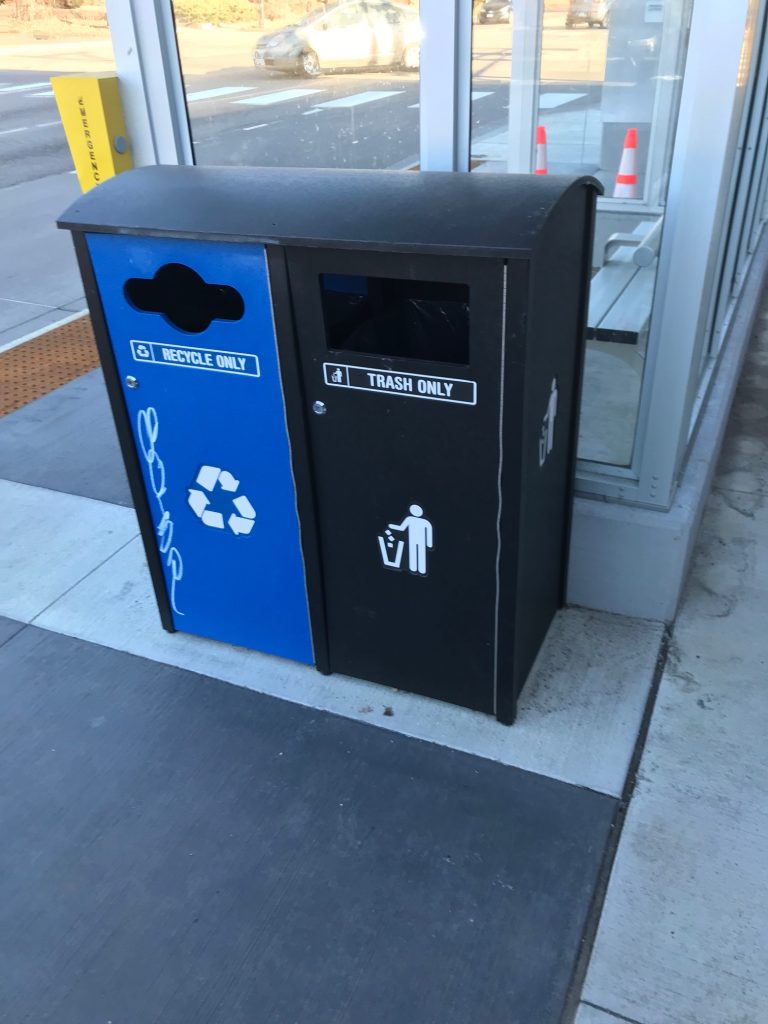 Recyclable and trash bins.