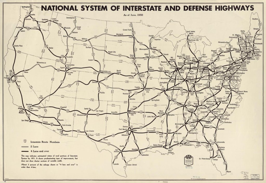 A map of the continental U.S. with the planned interstate highway routes that were constructed in the 1960s.