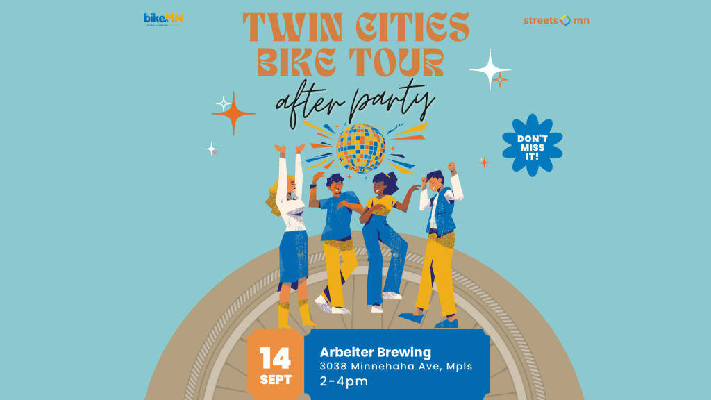 A colorful drawing advertising the Twin Cities Bike Tour Afterparty.